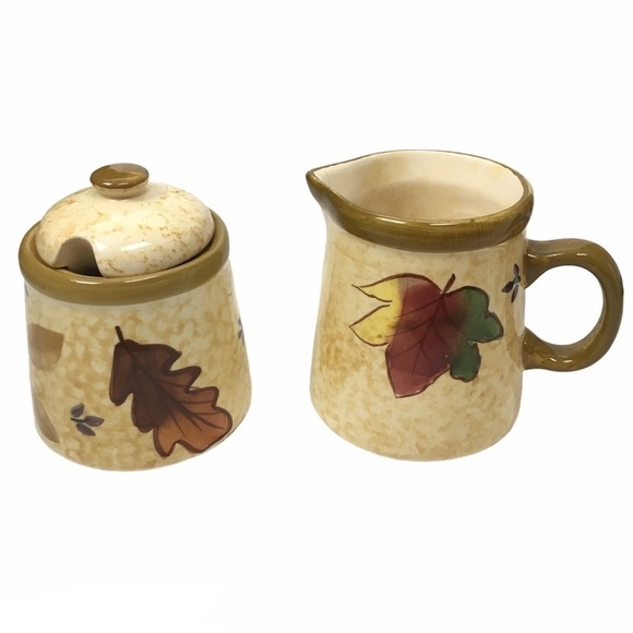 HARVEST Leaf Design Serving Set Thanksgiving Creamer Sugar Salt Pepper Ceramic - Picture 7 of 16